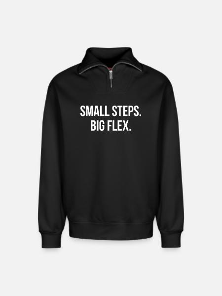 SMALL STEPS. BIG FLEX. | Greyline Official - Relaxed Unisex Organic Half Zip Sweatshirt – by SPREAD - black