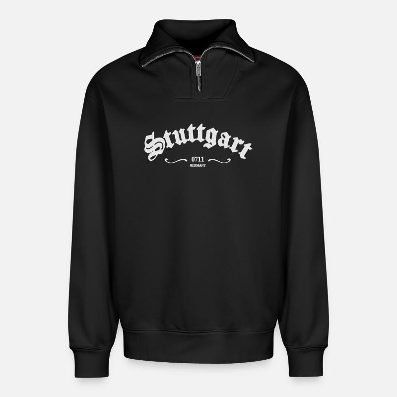 Stuttgart 0711 - Relaxed Unisex Organic Half Zip Sweatshirt – by SPREAD - black
