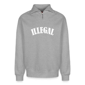 illegal lawless unlawfully unlawful demo - Relaxed Unisex Organic Half Zip Sweatshirt – by SPREAD - heather grey - Front