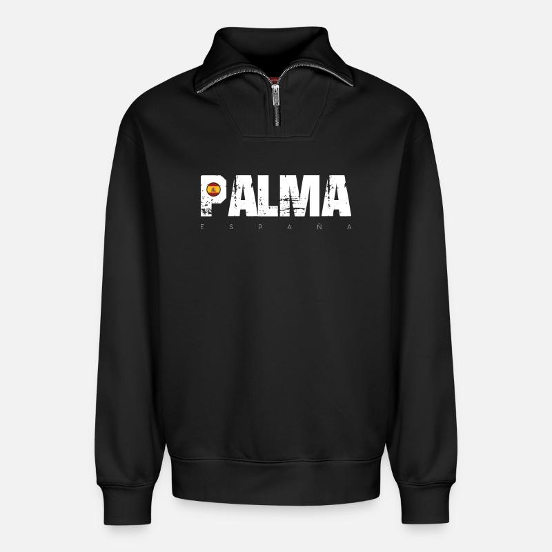 Palma Distressed Text mit Spanien-Flagge - Relaxed Unisex Organic Half Zip Sweatshirt – von SPREAD - Schwarz