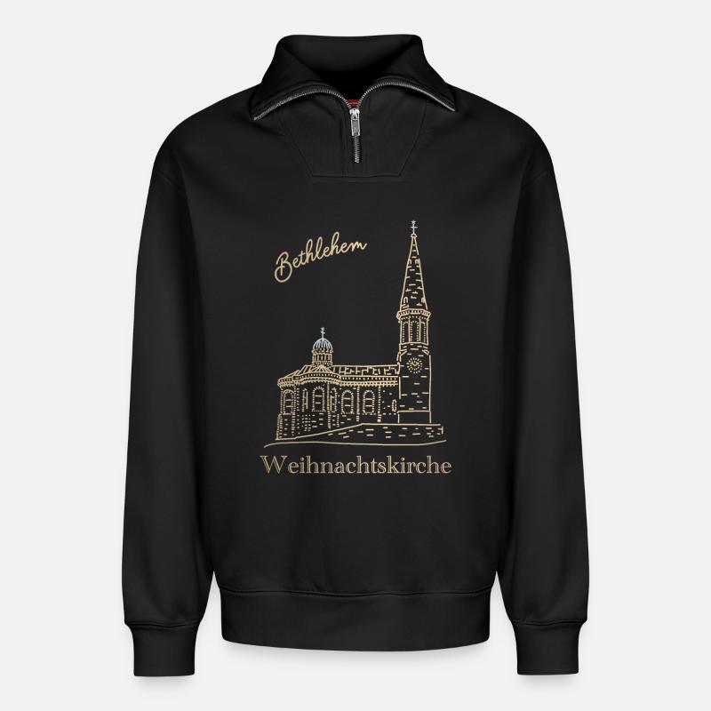 Weihnachtskirche Bethlehem Handzeichnung - Relaxed Unisex Organic Half Zip Sweatshirt – von SPREAD - Schwarz