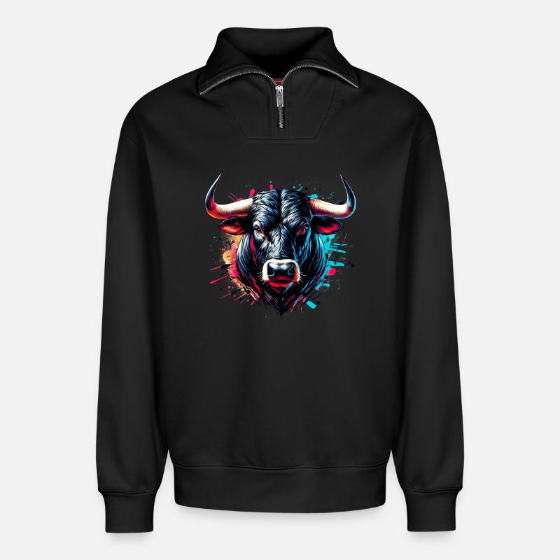 Stier - Relaxed Unisex Organic Half Zip Sweatshirt – von SPREAD - Schwarz