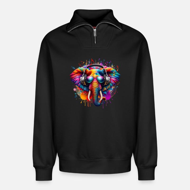 Bunter Elefant mit Kopfhörern - Relaxed Unisex Organic Half Zip Sweatshirt – von SPREAD - Schwarz
