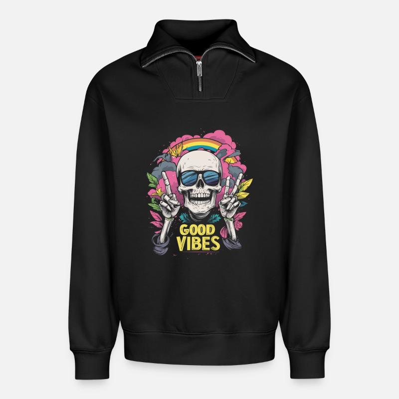 Skull Regenbogen - Relaxed Unisex Organic Half Zip Sweatshirt – von SPREAD - Schwarz