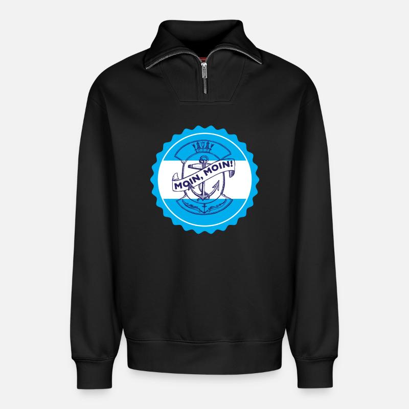 Moin, Moin! Seefahrer Emblem - Relaxed Unisex Organic Half Zip Sweatshirt – von SPREAD - Schwarz