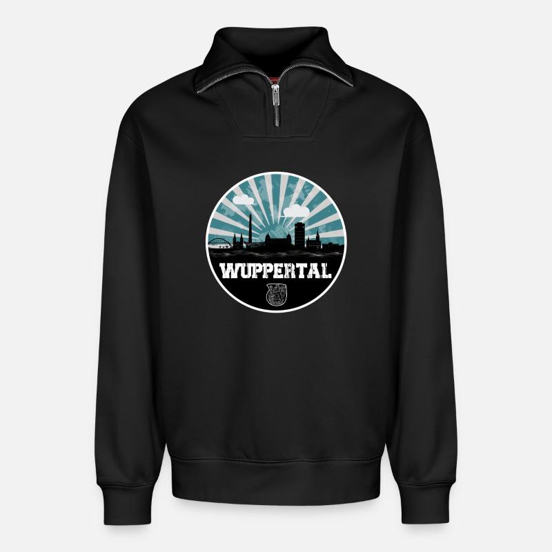 Wuppertal Blue Hour Skyline - Relaxed Unisex Organic Half Zip Sweatshirt – von SPREAD - Schwarz