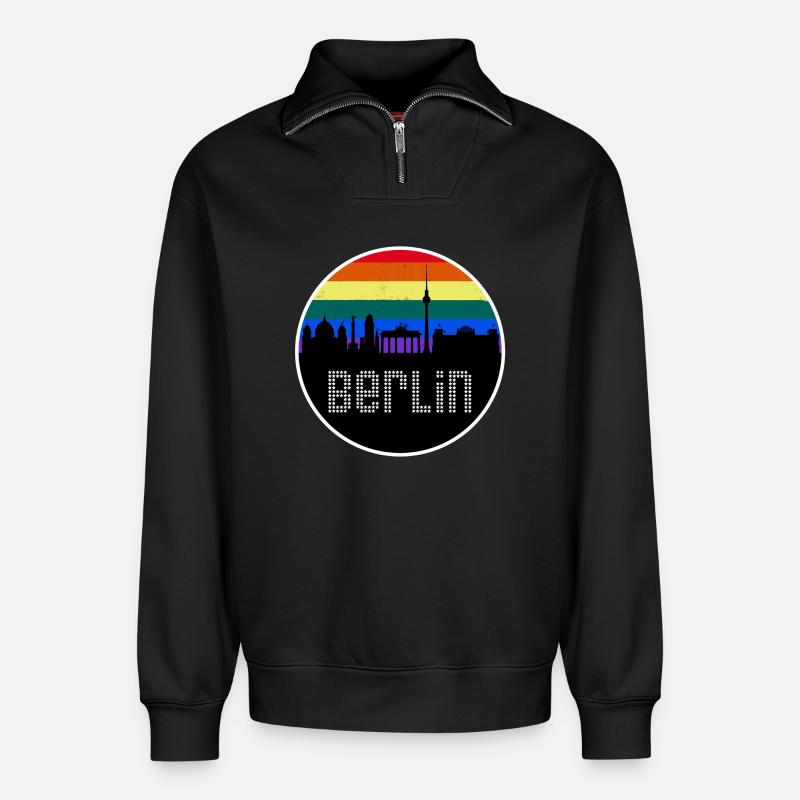 Berlin Skyline Regenbogen - Relaxed Unisex Organic Half Zip Sweatshirt – von SPREAD - Schwarz