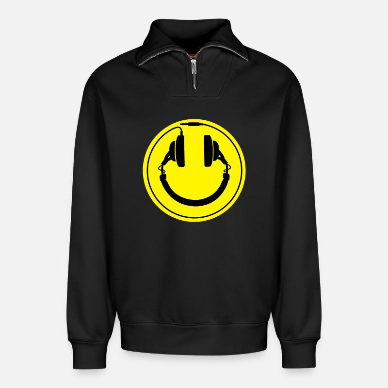 Smiley-Kopfhörer - Relaxed Unisex Organic Half Zip Sweatshirt – von SPREAD - Schwarz