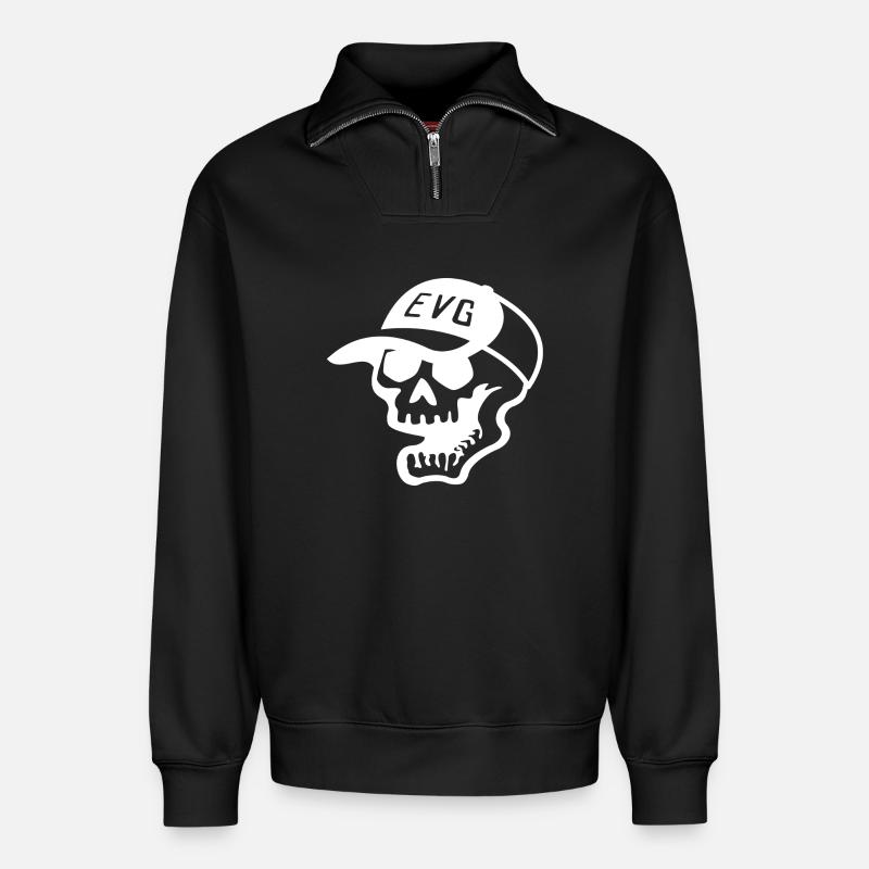 EVG Skull blanc - Sweat unisexe décontracté en coton biologique à demi-zip – de SPREAD - noir