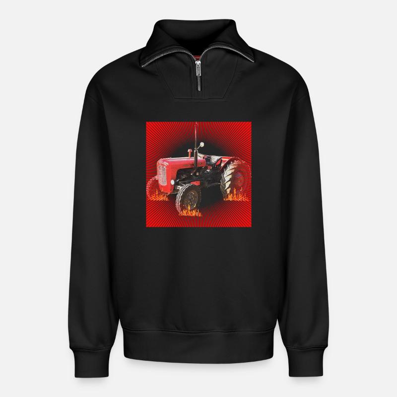 Feuerroter Traktor im Inferno - Relaxed Unisex Organic Half Zip Sweatshirt – von SPREAD - Schwarz