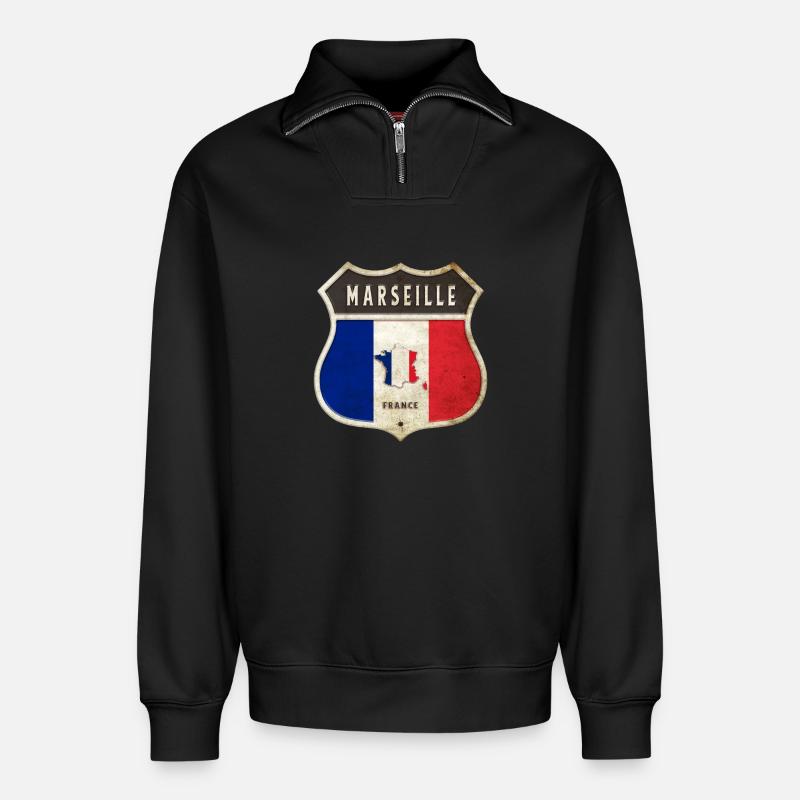 Marseille Frankreich Wappen Flaggen Design - Relaxed Unisex Organic Half Zip Sweatshirt – von SPREAD - Schwarz