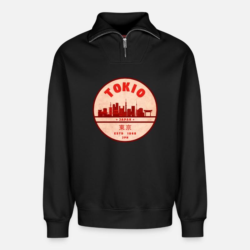 Retro Tokio Skyline Abzeichen - Relaxed Unisex Organic Half Zip Sweatshirt – von SPREAD - Schwarz