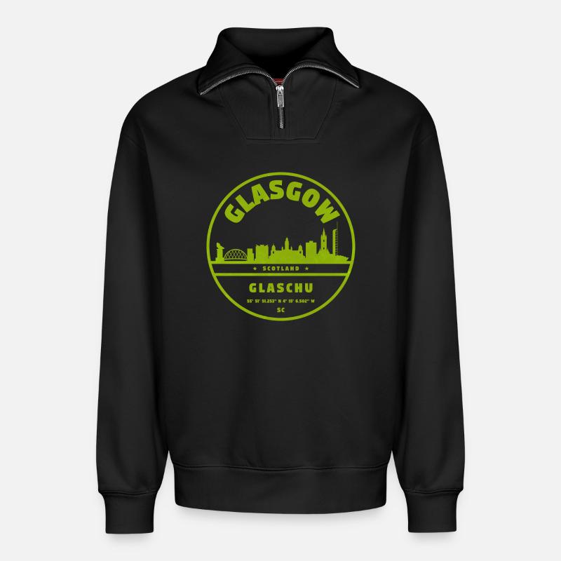 Glasgow Skyline Grünes Rundlogo - Relaxed Unisex Organic Half Zip Sweatshirt – von SPREAD - Schwarz