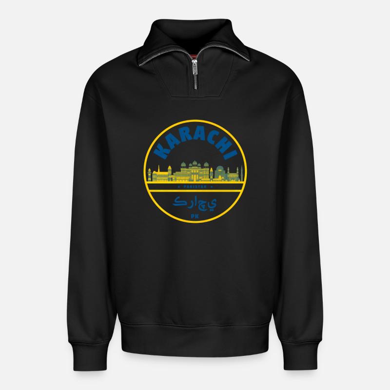 Karachi Skyline Emblem Pakistan - Relaxed Unisex Organic Half Zip Sweatshirt – von SPREAD - Schwarz
