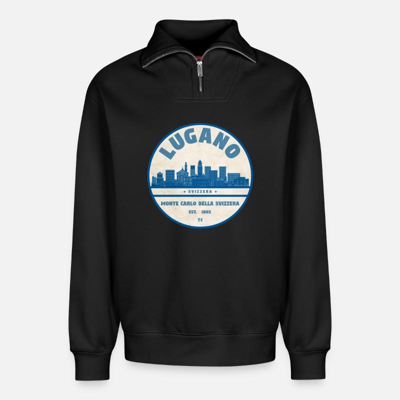 Lugano Skyline Abzeichen Shirt - Relaxed Unisex Organic Half Zip Sweatshirt – von SPREAD - Schwarz