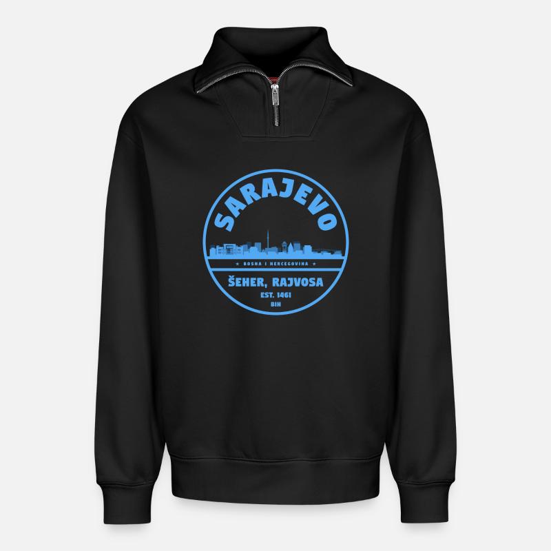 Saarjevo Stadt Skyline Abzeichen - Relaxed Unisex Organic Half Zip Sweatshirt – von SPREAD - Schwarz