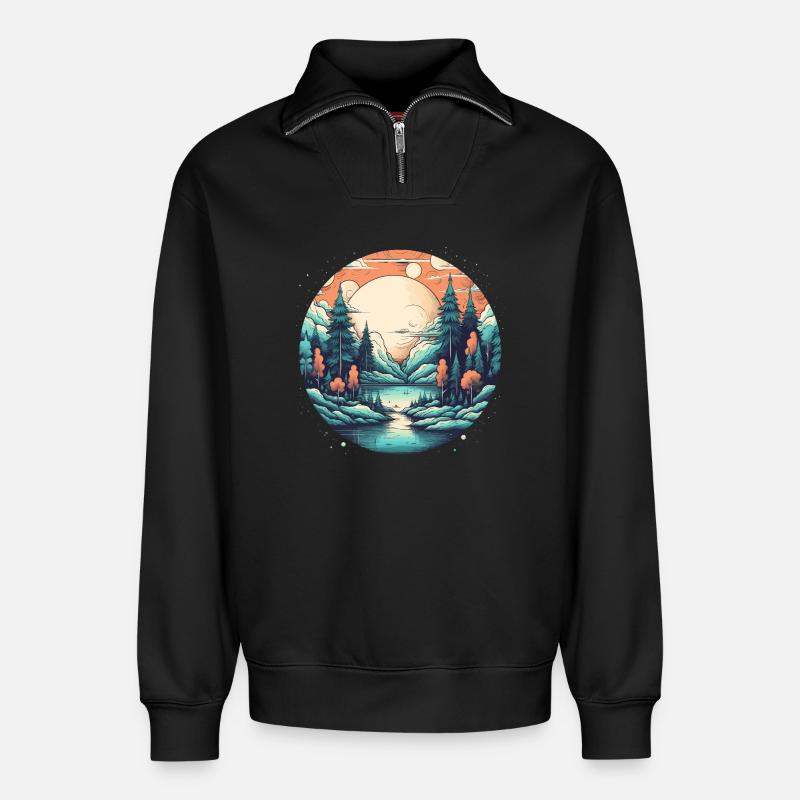 Mondlichtwald am See - Relaxed Unisex Organic Half Zip Sweatshirt – von SPREAD - Schwarz
