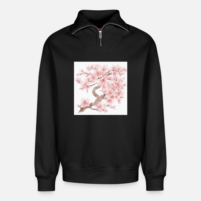 Japanischer Kirschbaum Blüten - Relaxed Unisex Organic Half Zip Sweatshirt – von SPREAD - Schwarz