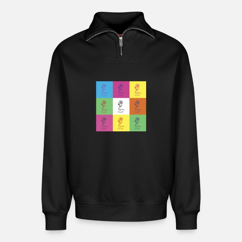 Microphone design - Relaxed Unisex Organic Half Zip Sweatshirt – by SPREAD - black