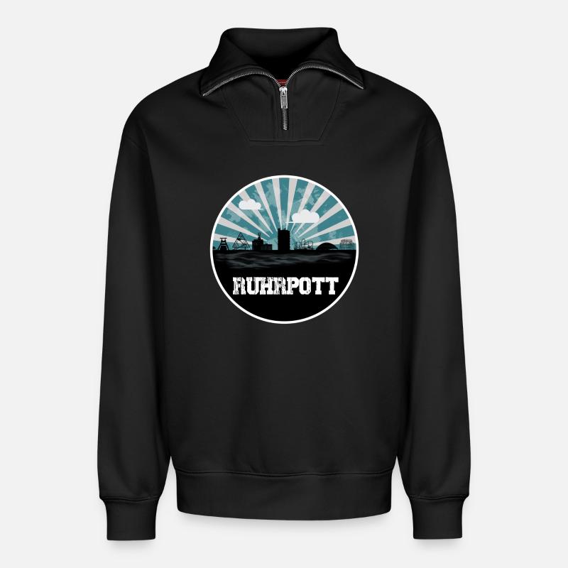 Ruhrpott Blue Hour Skyline - Relaxed Unisex Organic Half Zip Sweatshirt – von SPREAD - Schwarz