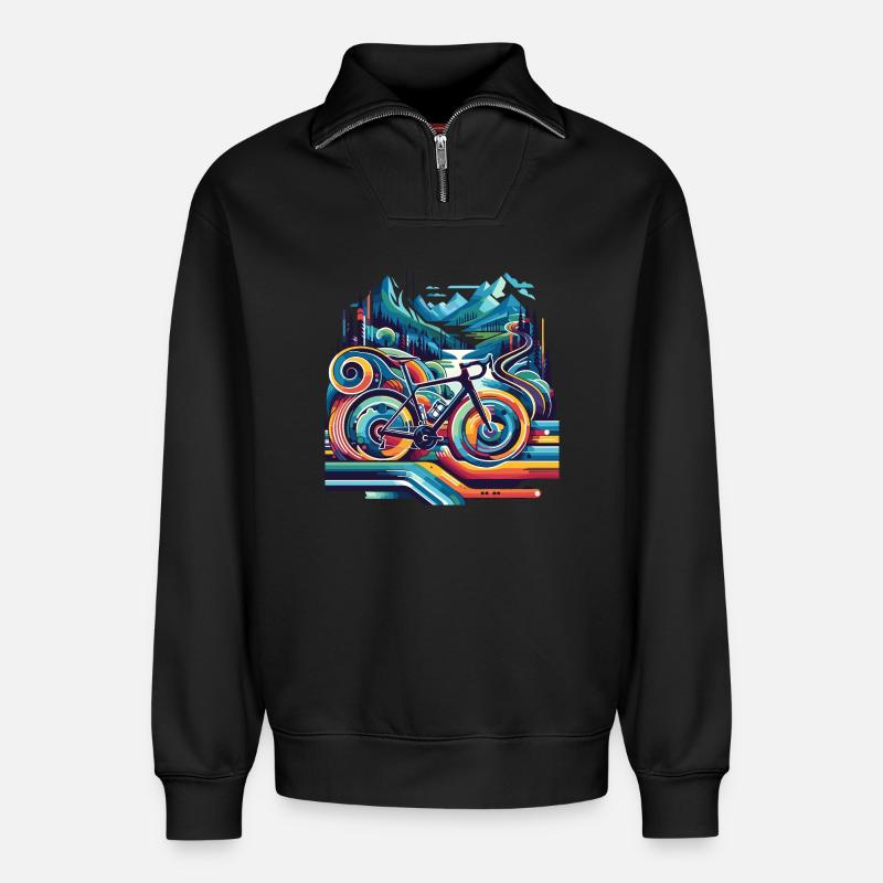 Bicycle with wavy lines - Relaxed Unisex Organic Half Zip Sweatshirt – by SPREAD - black