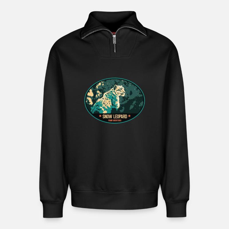 Snow Leopard illustration patch - Relaxed Unisex Organic Half Zip Sweatshirt – by SPREAD - black