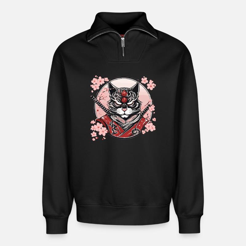 Dämonischer Kawaii Neko Samurai : Katzen-Samurai - Relaxed Unisex Organic Half Zip Sweatshirt – von SPREAD - Schwarz