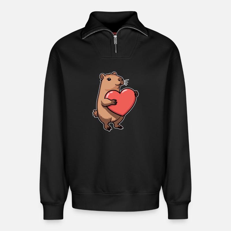 Capybara avec coeur Saint-Valentin - Sweat unisexe décontracté en coton biologique à demi-zip – de SPREAD - noir
