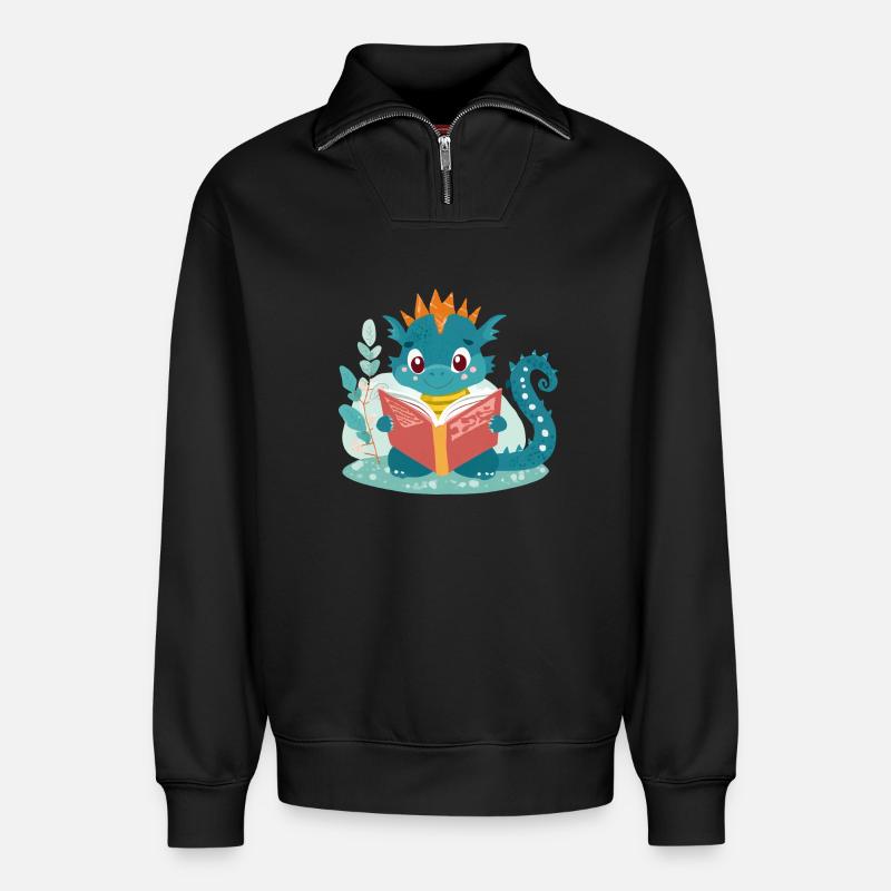 Kleiner Drache mit Buch - Relaxed Unisex Organic Half Zip Sweatshirt – von SPREAD - Schwarz