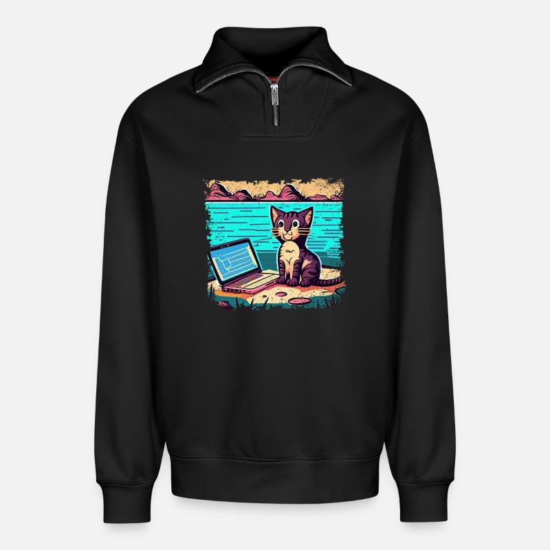 Cat with laptop - Relaxed Unisex Organic Half Zip Sweatshirt – von SPREAD - Schwarz