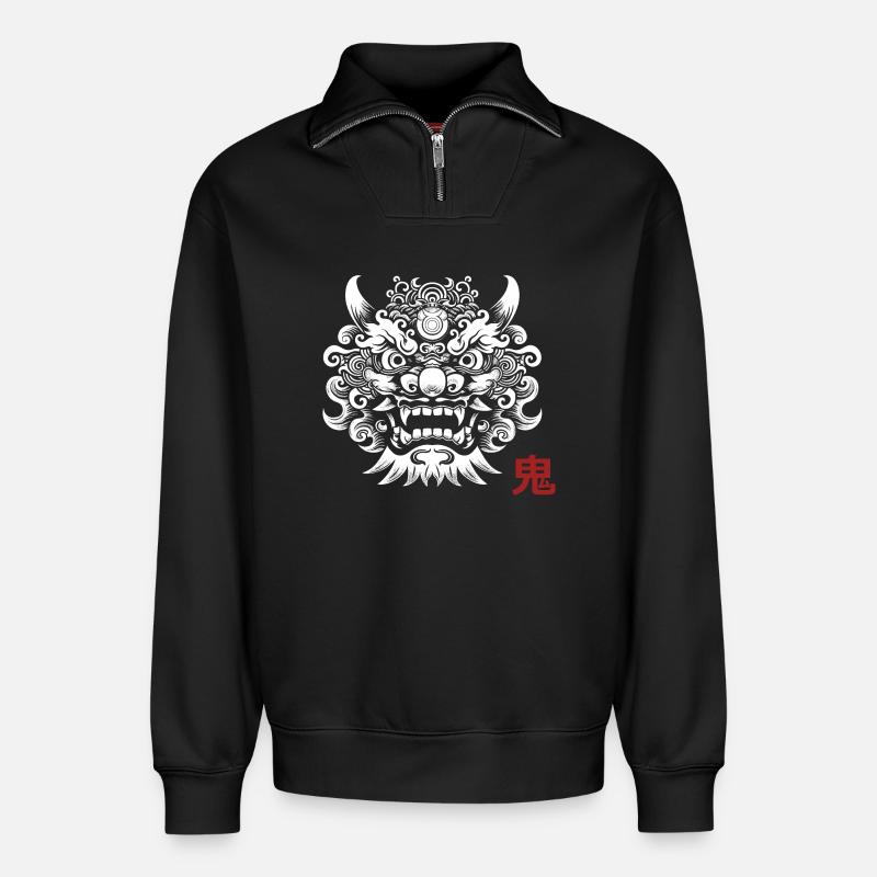 Oni, japanischer Dämon - Relaxed Unisex Organic Half Zip Sweatshirt – von SPREAD - Schwarz