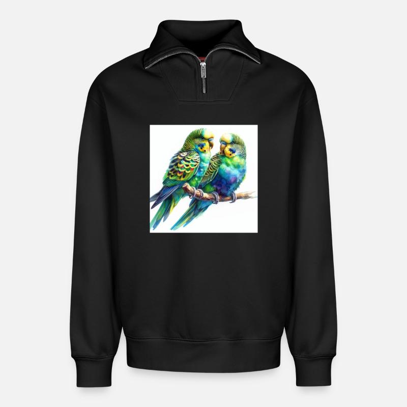 Perruches aquarelle - Sweat unisexe décontracté en coton biologique à demi-zip – de SPREAD - noir