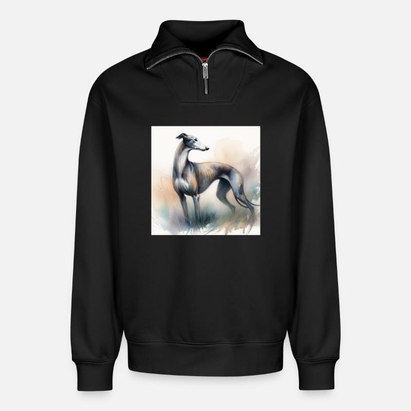 Lévrier aquarelle - Sweat unisexe décontracté en coton biologique à demi-zip – de SPREAD - noir