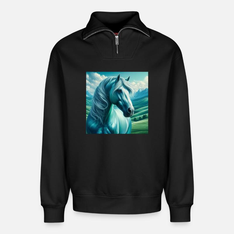 Blaues Pferd - Relaxed Unisex Organic Half Zip Sweatshirt – von SPREAD - Schwarz