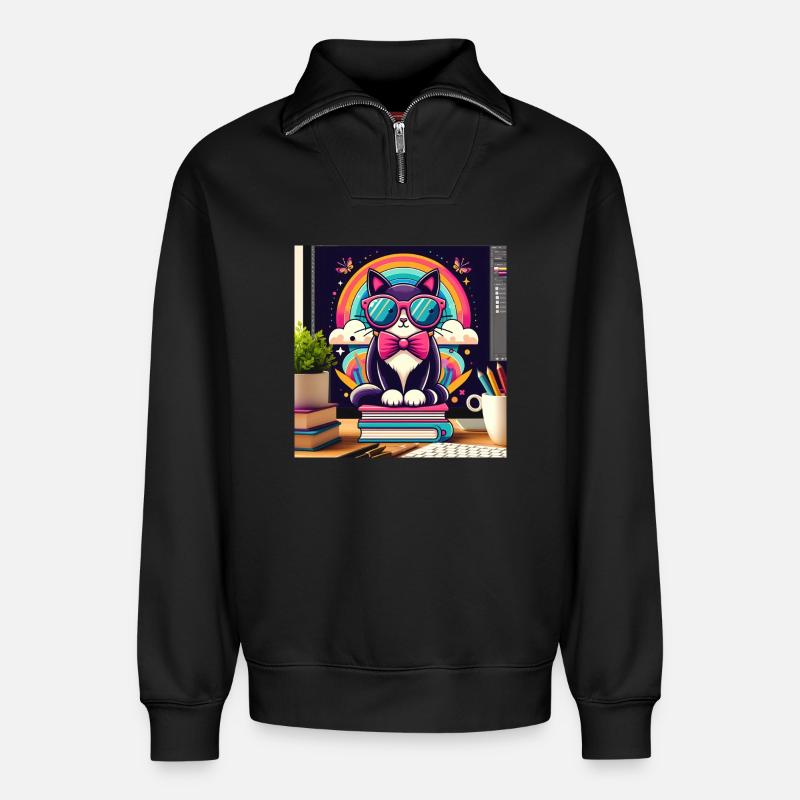 Chat studieux à lunettes - Sweat unisexe décontracté en coton biologique à demi-zip – de SPREAD - noir
