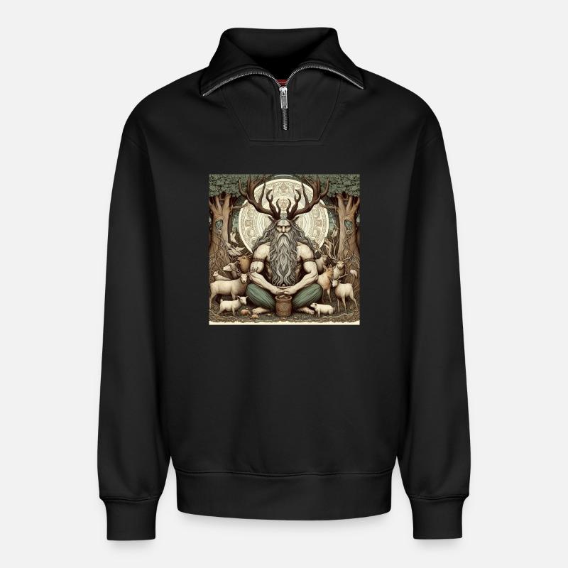 Cernunnos, dieu celte - Sweat unisexe décontracté en coton biologique à demi-zip – de SPREAD - noir