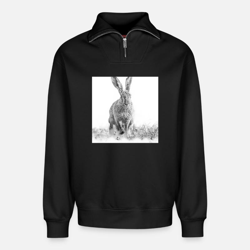 Hoppelnder Hase schwarweiss - Relaxed Unisex Organic Half Zip Sweatshirt – von SPREAD - Schwarz