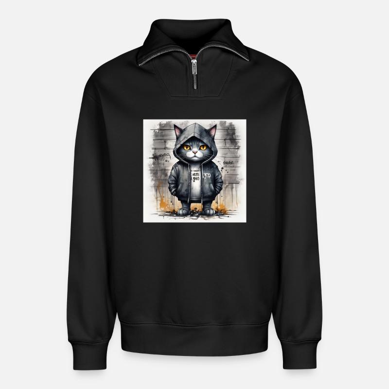 Graffiti-Katze im Hoodie - Relaxed Unisex Organic Half Zip Sweatshirt – von SPREAD - Schwarz