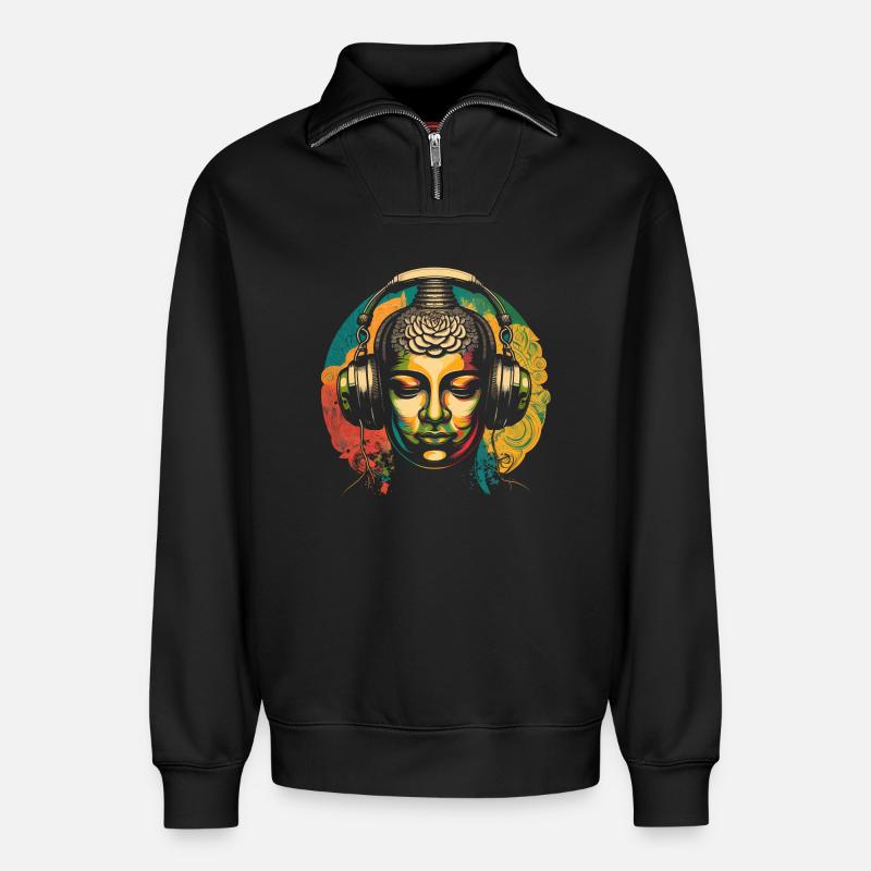 Bouddha - Sweat unisexe décontracté en coton biologique à demi-zip – de SPREAD - noir