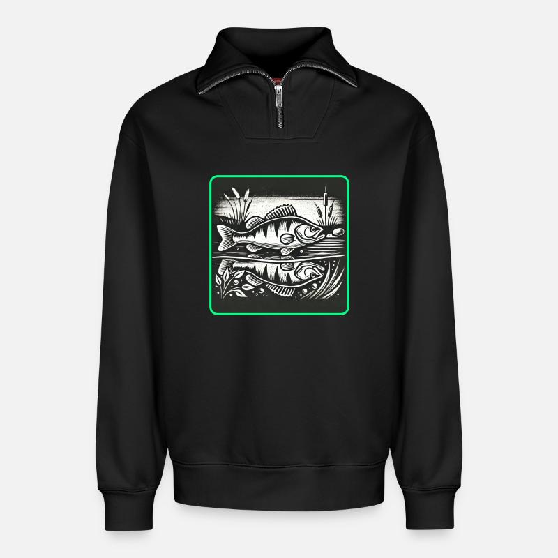 Perch predatory fish design - Relaxed Unisex Organic Half Zip Sweatshirt – by SPREAD - black