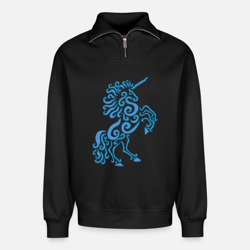 Blaues Einhorn Pferd - Relaxed Unisex Organic Half Zip Sweatshirt – von SPREAD - Schwarz