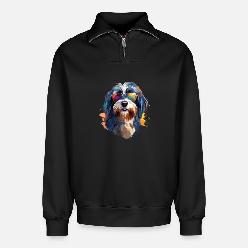 Tibet Terrier mit Sonnenbrille - Relaxed Unisex Organic Half Zip Sweatshirt – von SPREAD - Schwarz