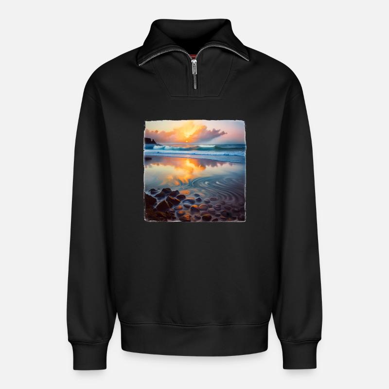 Strand-Kieselsteine - Relaxed Unisex Organic Half Zip Sweatshirt – von SPREAD - Schwarz
