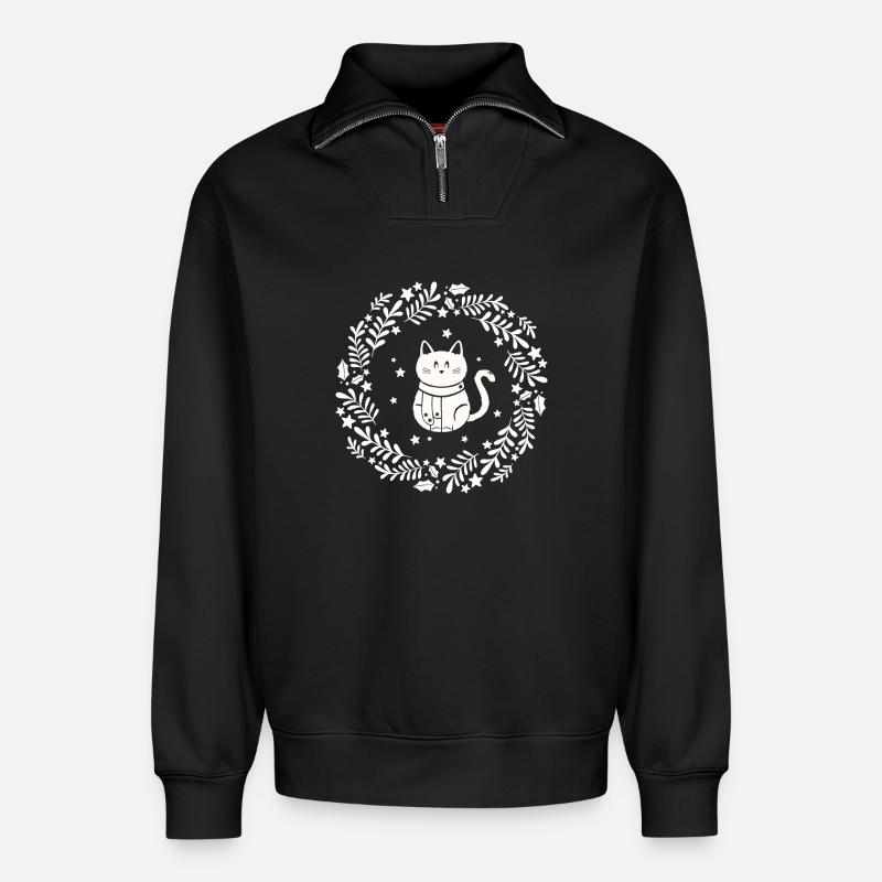Weihnachtskranz mit süßer Katze - Relaxed Unisex Organic Half Zip Sweatshirt – von SPREAD - Schwarz