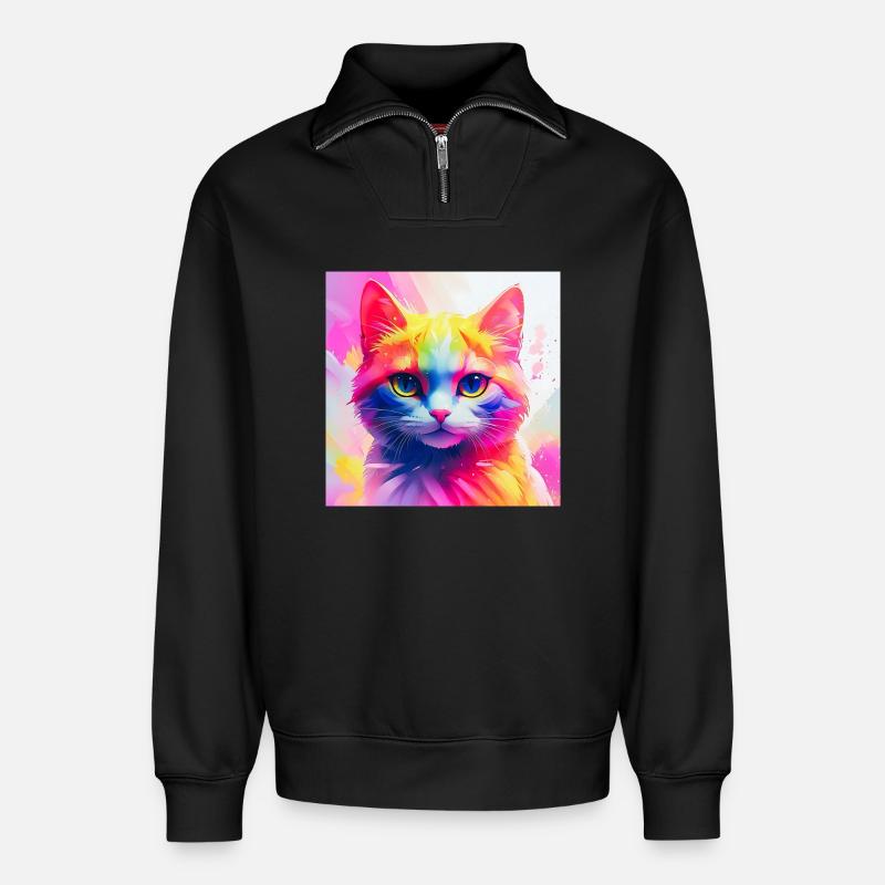 Lebendiges Regenbogenkatzen-Kunstwerk - Relaxed Unisex Organic Half Zip Sweatshirt – von SPREAD - Schwarz