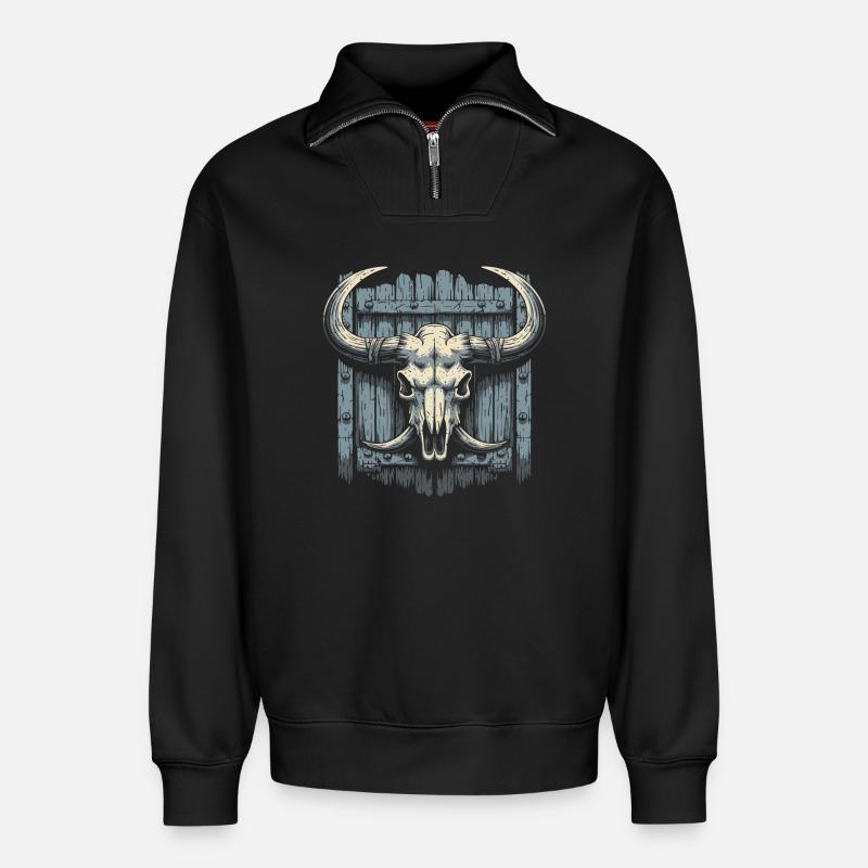Bison-Schädel - Relaxed Unisex Organic Half Zip Sweatshirt – von SPREAD - Schwarz