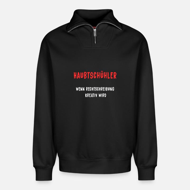Haubtschühler – Creative Spelling - Relaxed Unisex Organic Half Zip Sweatshirt – by SPREAD - black