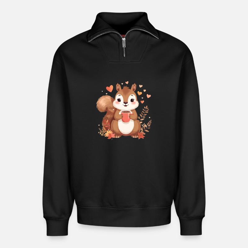 Herbstliches Eichhörnchen mit heißem Kakao - Relaxed Unisex Organic Half Zip Sweatshirt – von SPREAD - Schwarz
