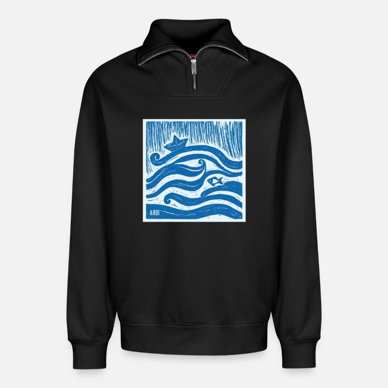 Schiff Ahoi - Linol Style - Relaxed Unisex Organic Half Zip Sweatshirt – von SPREAD - Schwarz
