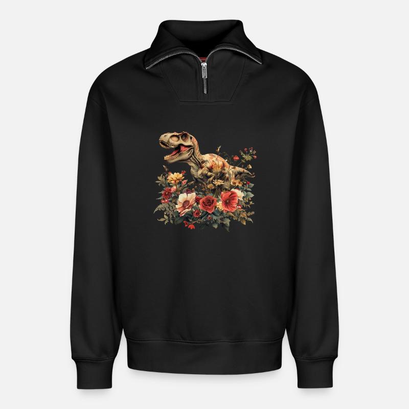 T-Rex Dino mit Blumen - Relaxed Unisex Organic Half Zip Sweatshirt – von SPREAD - Schwarz